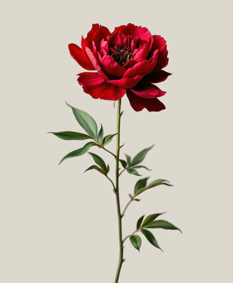 Pfingstrose Bordeaux – Paeonia lactiflora, freigestellte botanische Studioaufnahme